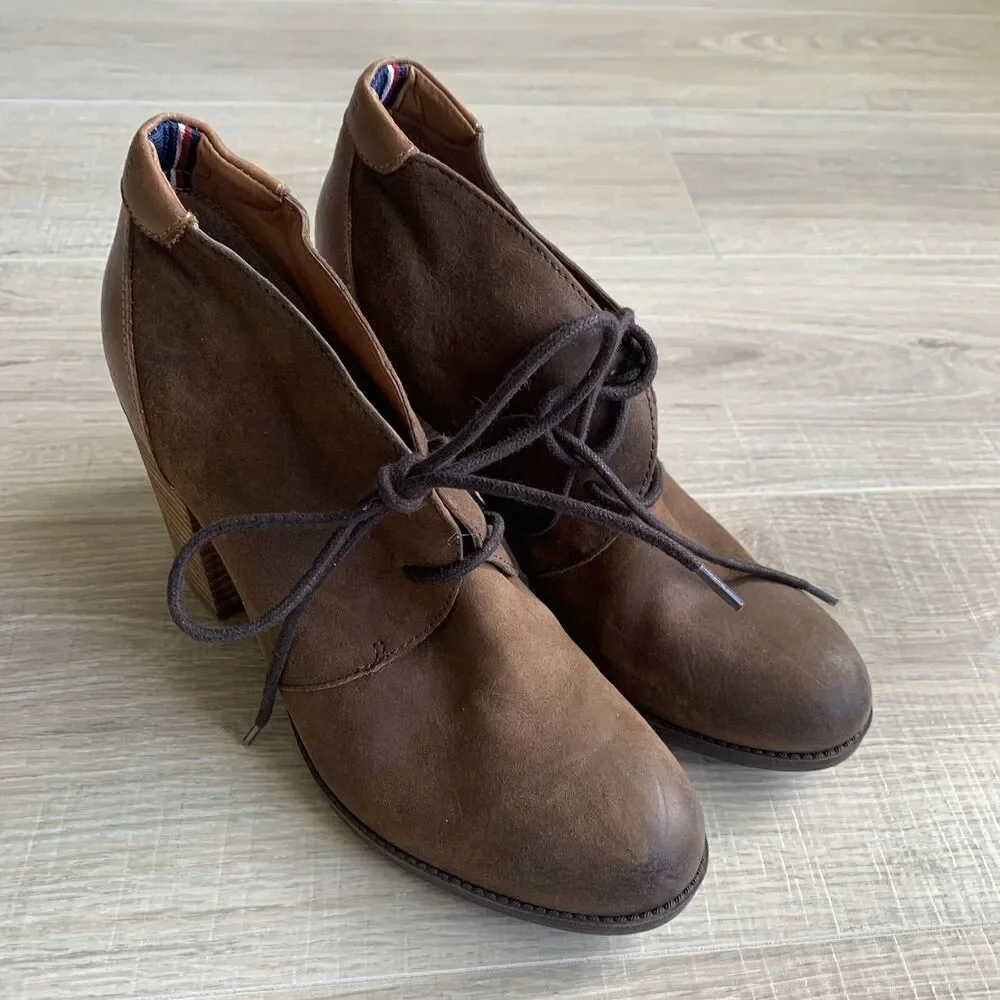 Tommy Hilfiger Duff Lace Up Booties Oxford Brown Leather Suede 8.5 Womens Boots
